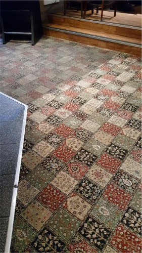 Commercial Carpet Cleaning Wolverhampton, amazing comparison with patterned carpet between clean and dirty.
